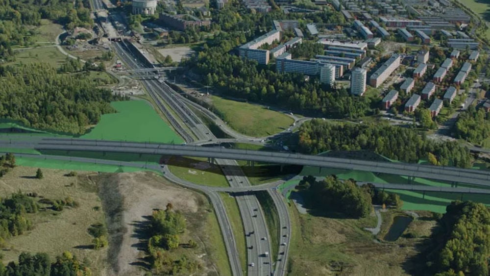 Projektet Hjulsta södra sträcker sig över 1,5 km motorväg med två huvudbroar