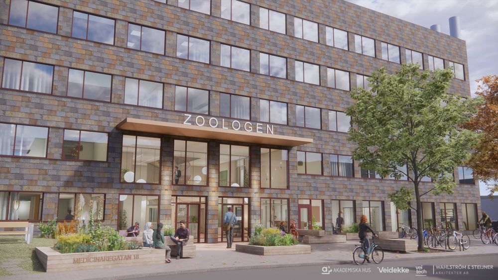 Gråbrun kontorsbyggnad med tegelfasad och entré med stora glaspartier - Zoologen