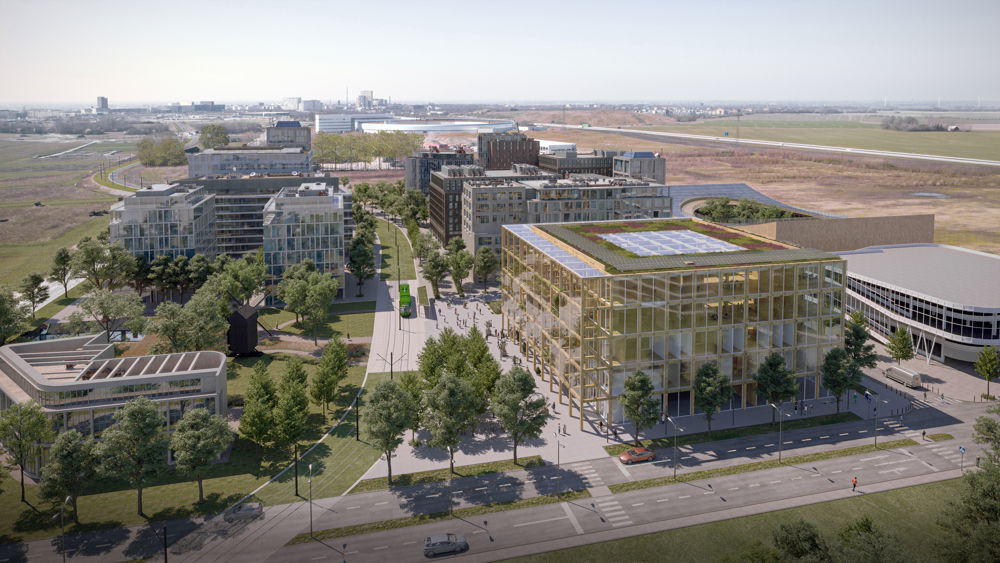 Grafisk bild över hur Science Village i Lund kommer att se ut när det är klart, med moderna kontorslokaler och gröna ytor runtomkring.                         