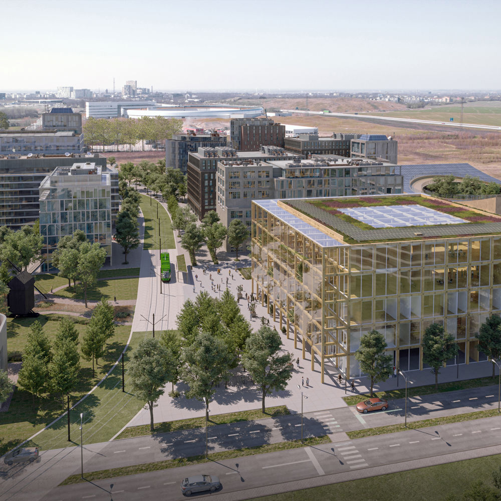 Grafisk bild över hur Science Village i Lund kommer att se ut när det är klart, med moderna kontorslokaler och gröna ytor runtomkring.