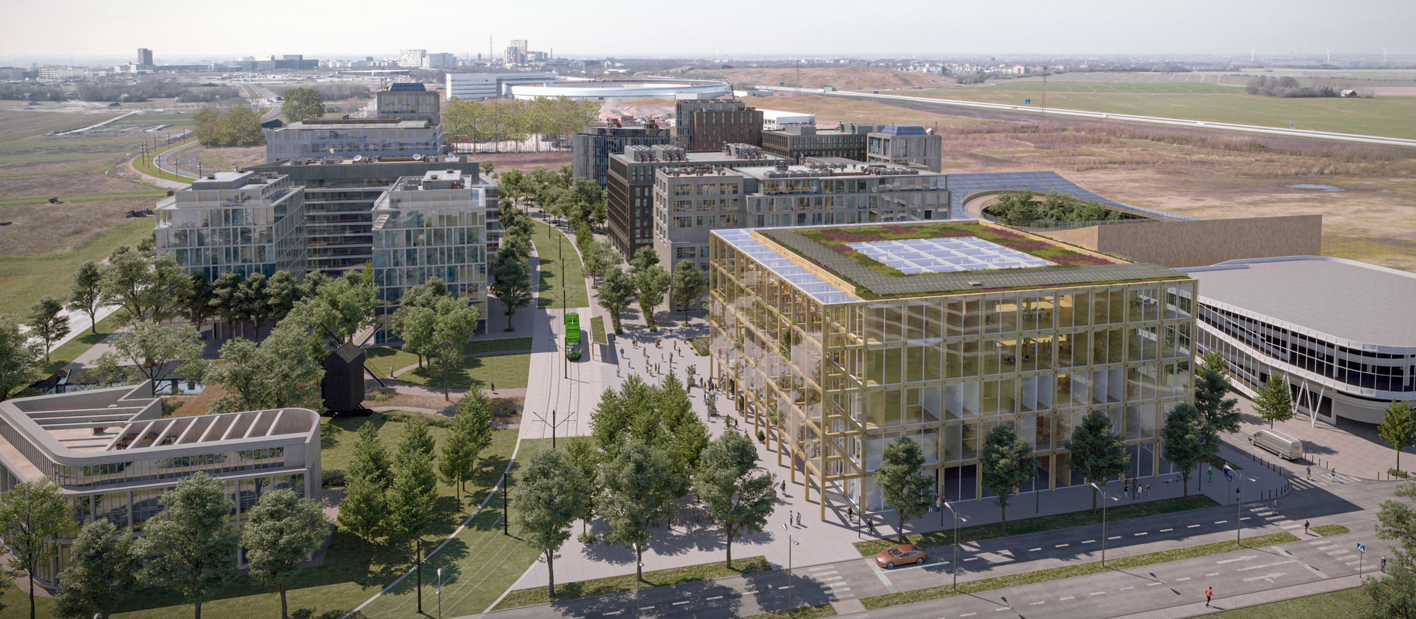 Grafisk bild över hur Science Village i Lund kommer att se ut när det är klart, med moderna kontorslokaler och gröna ytor runtomkring.                         