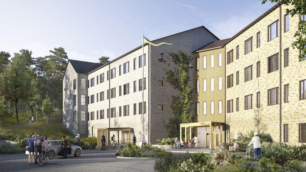 Arkitektskiss på Lina vård- och omsorgsboende, en ljus långsträckt tegelbyggnad i fem våningar.