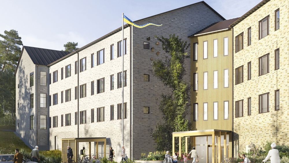 Arkitektskiss på Lina vård- och omsorgsboende, en ljus långsträckt tegelbyggnad i fem våningar.