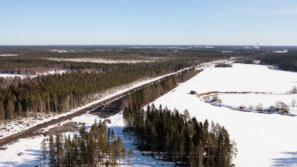 Drönarbild över arbetet med första delsträckan av Norrbotniabanan, Norrlands största infrastrukturprojekt. 