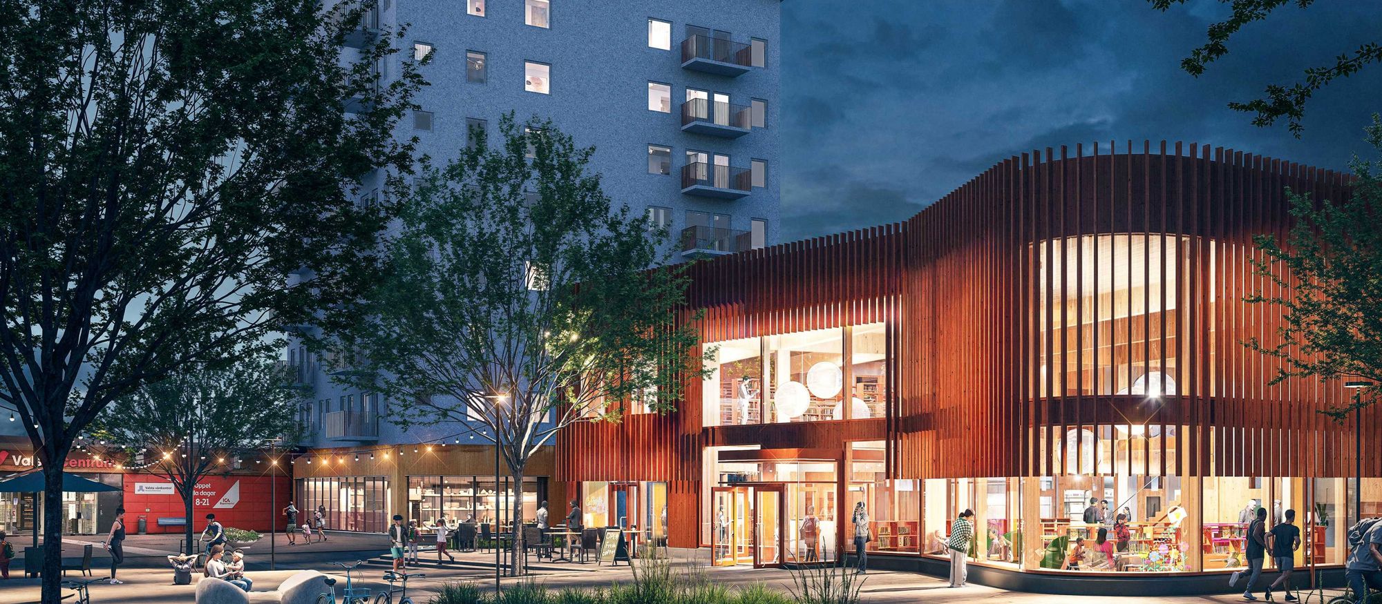 Arkitektbild av upplyst byggnad i två våningar i stadsmiljö - Valsta kultur- & aktivitetscenter