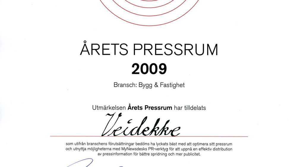 Veidekke - Årets pressrum 2009 i kategorin Bygg & Fastighet