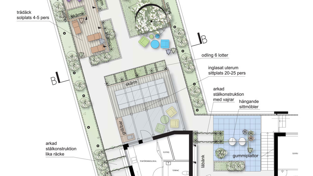 Det vinnande förslaget för takterrassen på Veidekke Bostads Brf Klätterträdet i Göteborg. Illustration: 02Landskap