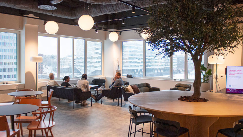 Kontorsmiljö med runt bord med olivträd i mitten