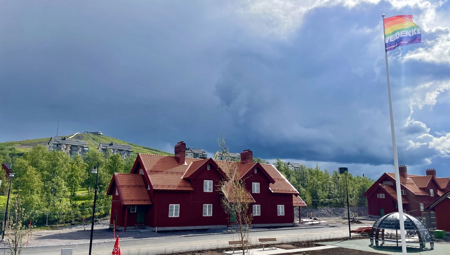 Äldre röda träbyggnader mot en åskblå himmel: SJ-husen. 