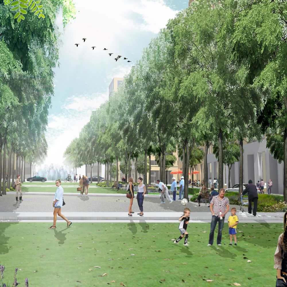 Arkitektbild med parkmiljö med gröna träd