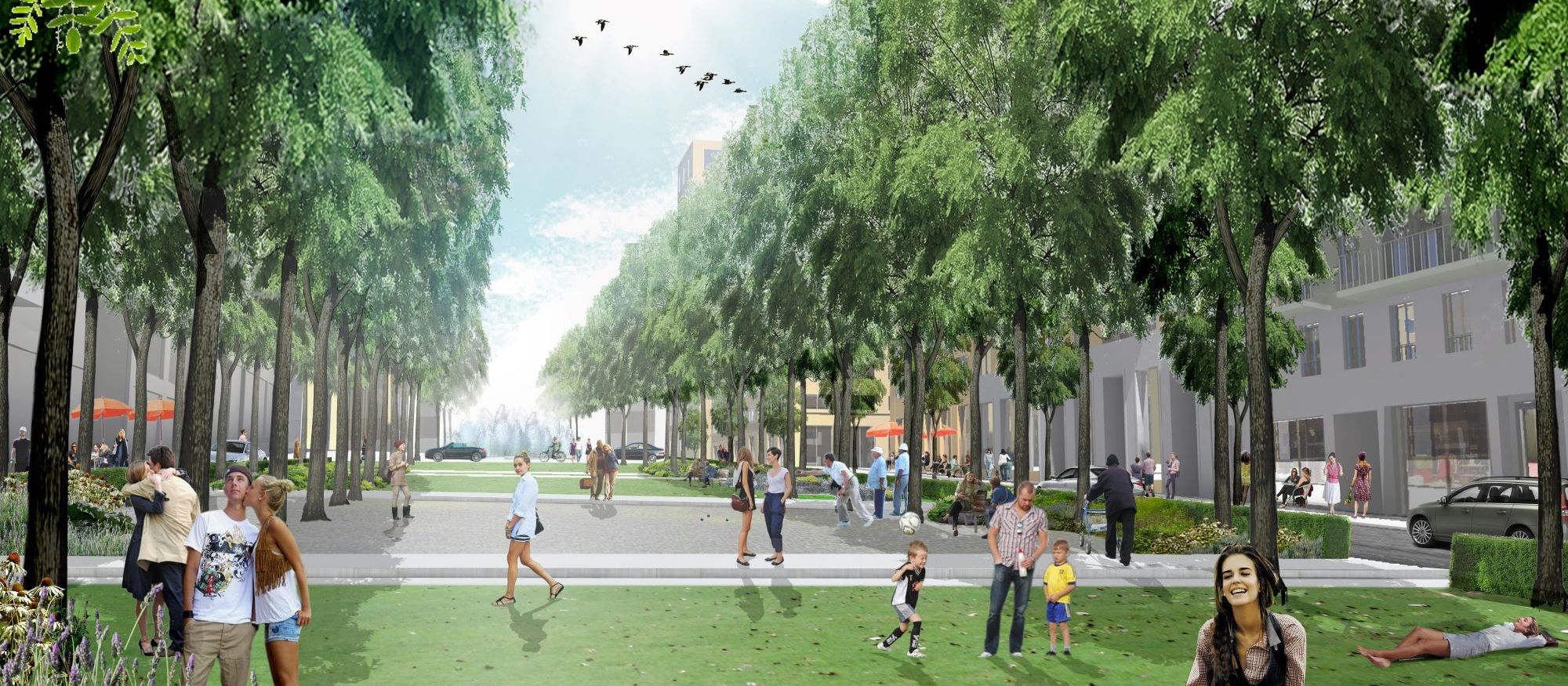 Arkitektbild med parkmiljö med gröna träd